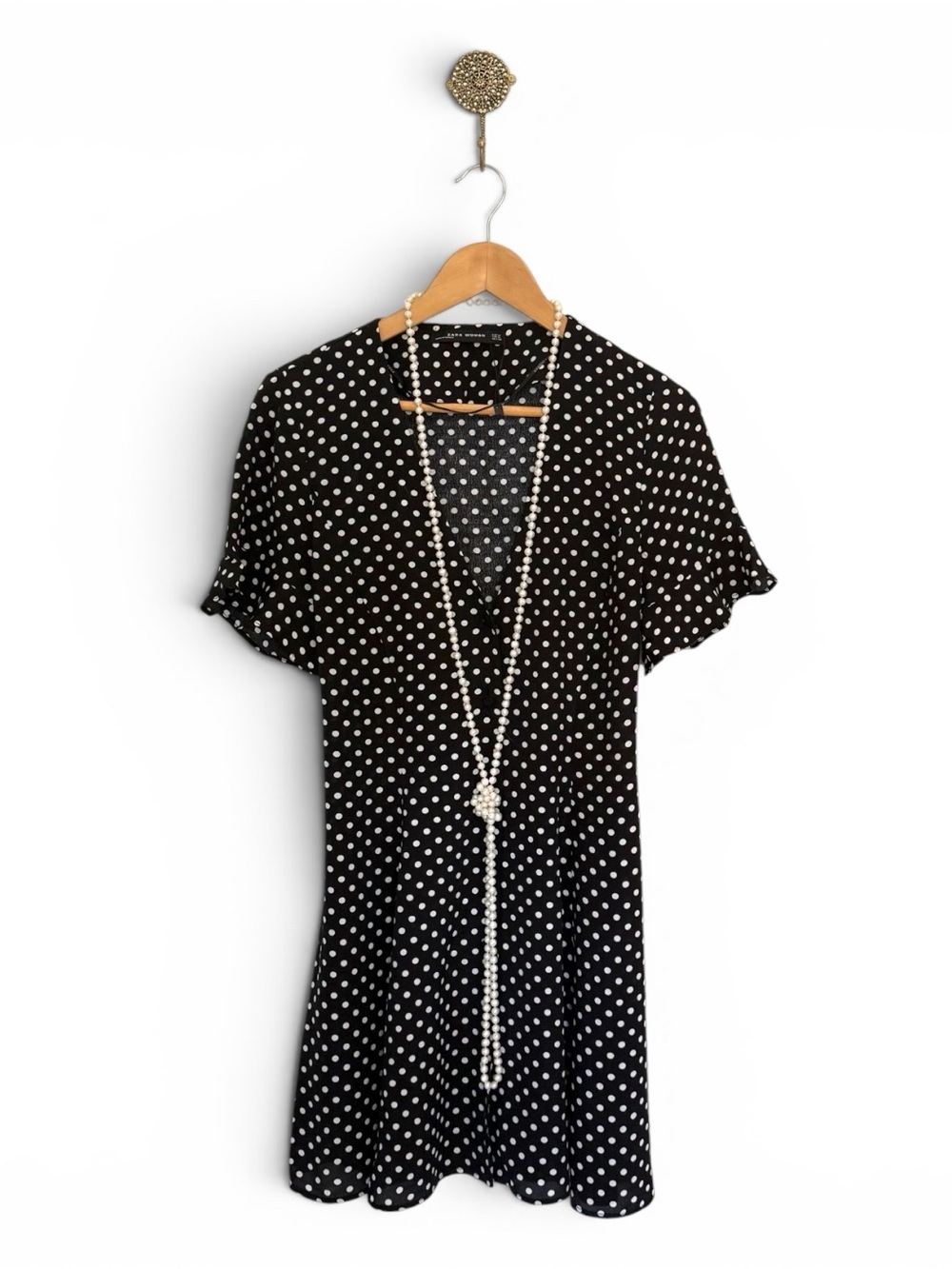 Zara Black White Polka Dot Mini Dress Flutter Sleeves | M